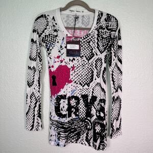 Christian Audigier Y2K Shirt Womens XS Crystal Rock Snake Locket Tunic Top NEW